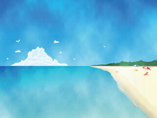 夏のビーチと青い海の風景イラスト　水彩　背景素材 - obrazy, fototapety, plakaty
