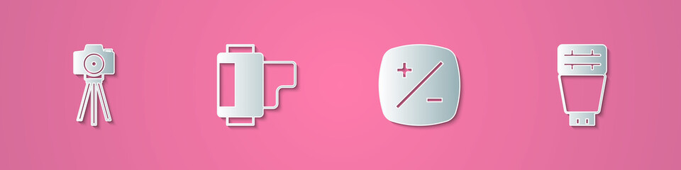 Set paper cut Photo camera, Camera roll cartridge, Exposure compensation and flash icon. Paper art style. Vector