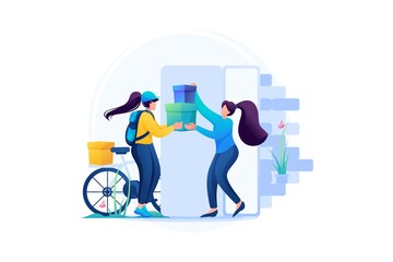 Courier Puts The Delivery In The Hands Of The Customer, The Woman Is Happy To Buy. Flat 2D Web Design