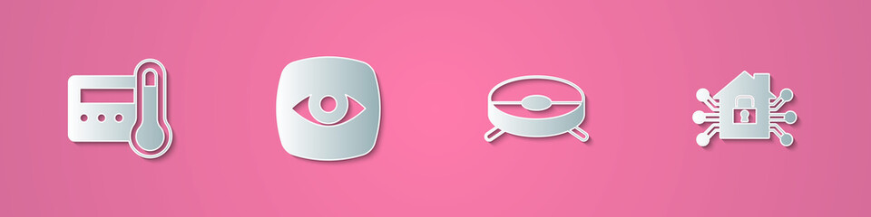 Set paper cut Thermostat, Security camera, Robot vacuum cleaner and Smart home icon. Paper art style. Vector