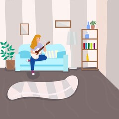 Room and girl playing guitar