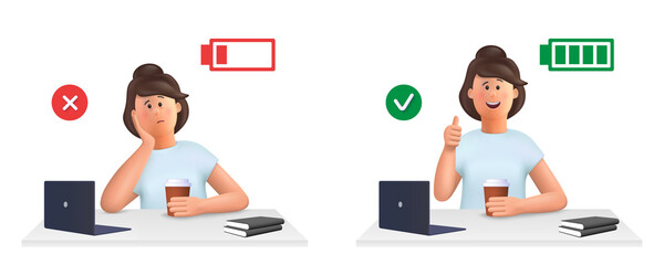 Young woman Jane - burnout concept. Tired, sleepy woman and happy, energetic woman with full and low energy battery working on computer in workplace.. 3d vector people character illustration.
