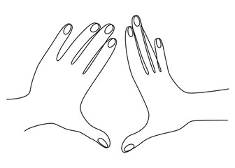 Silhouettes of human hands, applause, in a modern one line style. Continuous line drawing, aesthetic outline for home decor, posters, wall art, stickers, logo. Vector illustration.