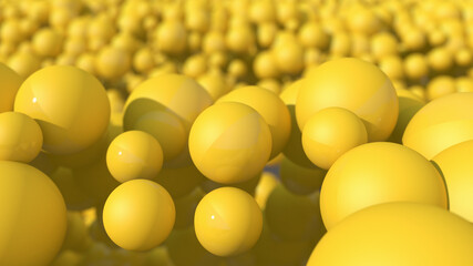 Yellow balls flying. Abstract illustration, 3d render, close-up.