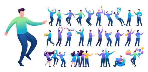 Set of a fun teen man. Presentation in various in various poses and actions. 2D Flat character vector illustration N5