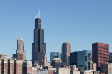 Chicago downtown skyline from Lake Michigan on a sunny day.