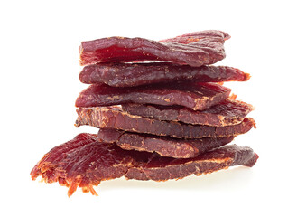 Fried salted beef. Portion of beef jerky isolated on a white background.