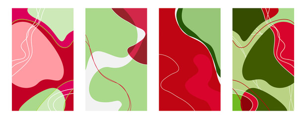 Abstract background. Set. Green, pink, white, red colors. Smooth lines. Irregular spots. Vector illustration. Covers. Eps 10.