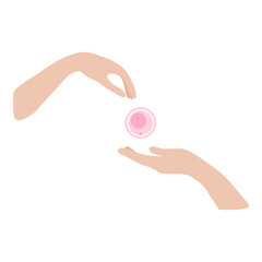 Oocyte donation. The hand gives the egg and the hand receives the egg. Vector illustration of donation concept - obrazy, fototapety, plakaty
