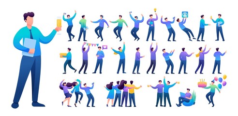 Set of a fun teen man. Presentation in various in various poses and actions. 2D Flat character vector illustration N8