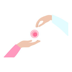 Egg donation. Hand giving an oocyte to the other hand. Vector illustration of donation concept - obrazy, fototapety, plakaty