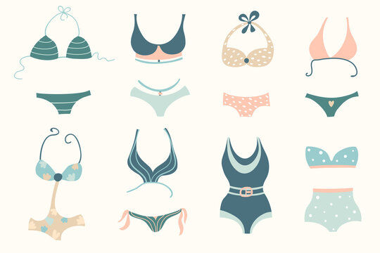 Collection of women swimwear isolated on a light background. Set of different types of swimsuits or bikini tops and bottoms. Colorful vector illustration.