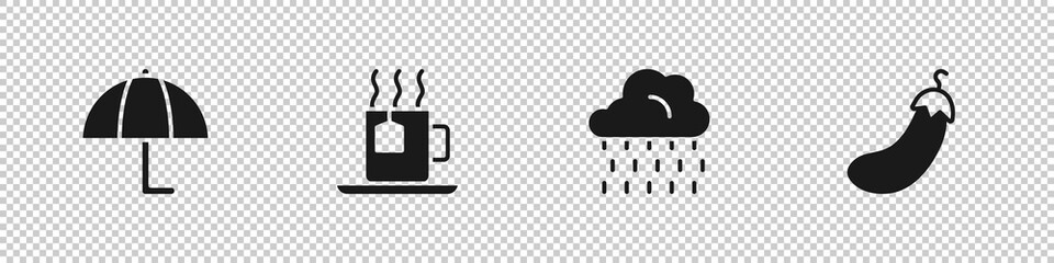 Set Umbrella, Cup of tea with tea bag, Cloud rain and Eggplant icon. Vector