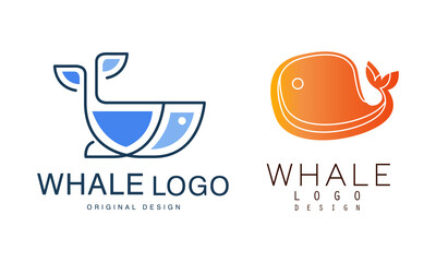 Whale Logo Design Set, Sealife, Summer Adventure, Seafood Labels, Badges Flat Vector Illustration