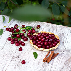 Cherry berries in a basket in the garden - 436734375