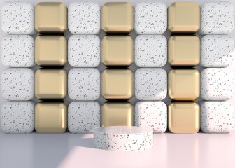 Minimal scene with geometrical forms, podiums in cream background with shadows. Scene to show cosmetic product, Showcase, shopfront, display case. 3d