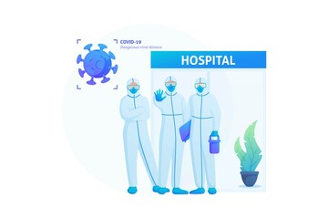 Risk Of Spreading The Virus. Doctors In Protective Suits At The Entrance To The Hospital. Flat 2D Web Design