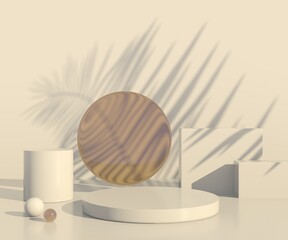 Minimal scene with geometrical forms, podiums in cream background with shadows. Scene to show cosmetic product, Showcase, shopfront, display case. 3d