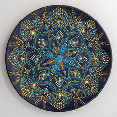 Decorative ceramic plate with black, blue and golden colors, painted plate on white background, dot painting