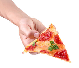 Slice of salami and mozzarella pizza in hand on white background. Isolated