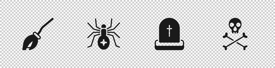 Obraz premium Set Witches broom, Spider, Tombstone with RIP written and Skull crossbones icon. Vector