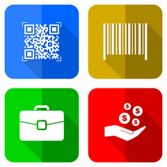 Business vector icons, set of qr code, barcode, case and money symbols in eps 10