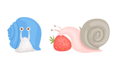 Cute Garden Snails Set, Adorable Funny Baby Snail Eating Strawberry Cartoon Vector Illustration