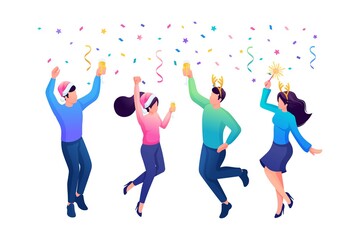 Isometry Web Design Template. Businessmen At a New Years Corporate Party. Employees Dance And Drink. Vector Illustration