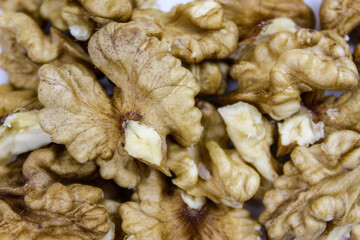 Walnut kernel up close. Fruit nut. Walnut fruit. Food background.