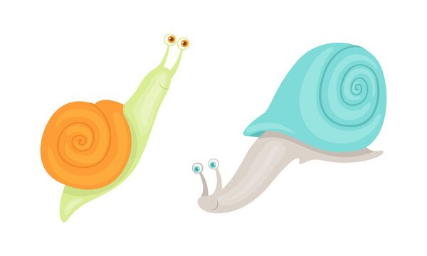 Cute Snails Set, Adorable Funny Mollusks Cartoon Vector Illustration