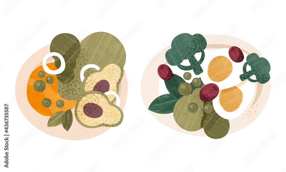 Poster healthy food on plates set, egg, avocado, broccoli, olive, peas cartoon vector illustration