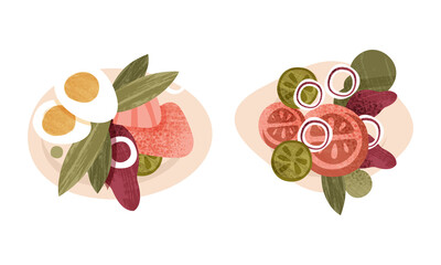 Healthy Food on Plates Set, Egg, Cucumber, Olives, Tomato, Onion Cartoon Vector Illustration