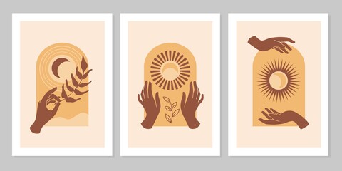 Set of boho aesthetic modern background with hand, leaf, sun, moon, arch. Esoteric, spiritual, wicca occult inspired concept. Design for cosmetics, jewelry, handmade products, T-shirt graphic, cards