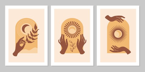 Set of boho aesthetic modern background with hand, leaf, sun, moon, arch. Esoteric, spiritual, wicca occult inspired concept. Design for cosmetics, jewelry, handmade products, T-shirt graphic, cards © Nataliia