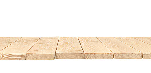 wooden table top on white isolated background. front view