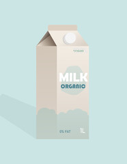 Soy milk carton packaging. Vegetarian milk. 100% Vegan. 0% fat. Plant-based milk from organic products. Vector illustration isolated.