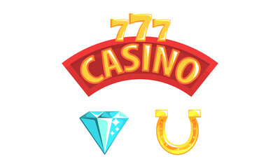 Casino Symbols Set, Horseshoe, Diamond, 777 Popular Gambling and Online Games Signs Cartoon Vector Illustration