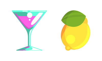 Casino Symbols Set, Cocktail Glass and Lemon Gambling and Online Games Signs Cartoon Vector Illustration