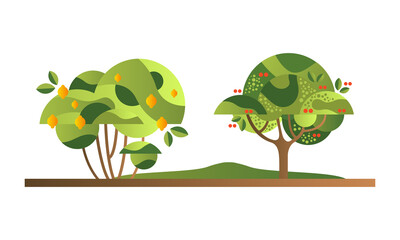 Set of Fruit Trees with Ripe Fruits, Lemon and Plum Orchard Tree Flat Vector Illustration
