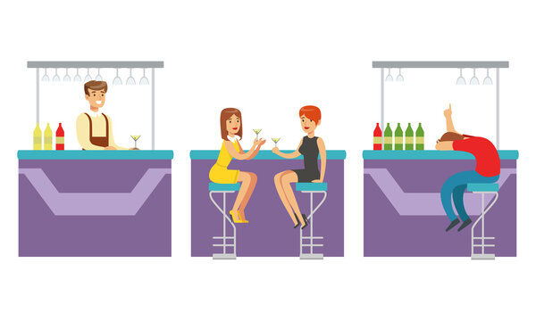 People Drinking Alcohol Drinks at the Bar, Bartender Serving Visitors Cartoon Vector Illustration
