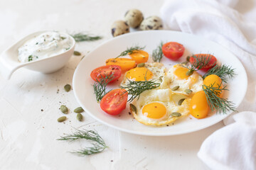 Quail eggs with herbs and vegetables