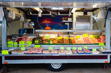 Food truck with fresh and smoked seafood and fish for sale in Ostend, Belgium 