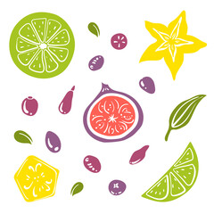 Lime, banana, fig, star fruit and berries whole and slices top view. Colorful paper cut collection of fruits and berries isolated on white background. Doodle hand drawn fruits. Vector illustration