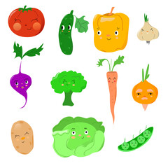 Fototapeta premium Set of vegetables with faces and facial expressions and smiles and eyes. Vegetable characters.