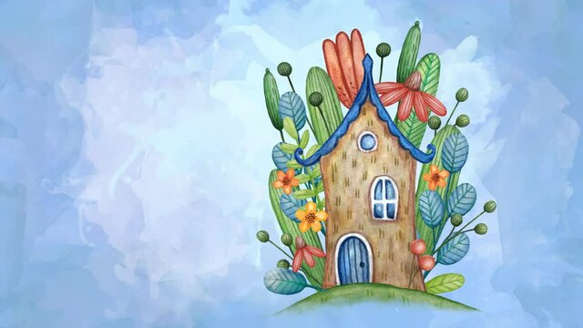 Animation video of a watercolor house and flowers on a blue background. Cartoon style animation with place for text. The transparent transition on start. Animated sweet home.