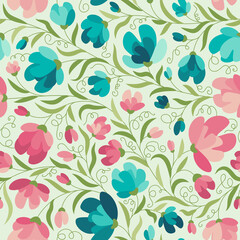 Summer flowers in flat style - vector seamless pattern. Background for fabric, textile, wallpaper, poster, web site, card, gift wrapping paper 