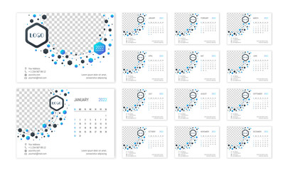 Desk calendar 2022 template. Design with place for photo and company logo. Week starts on Sunday