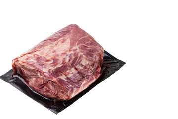 Close up view of vacuum packed piece of pork isolation on white background. Food and health concept. 