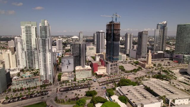 Aerial 5k side view flyby Downtown Miami FL USA