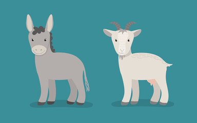 Сartoon animals collection in flat style isolated on white background: donkey and goat